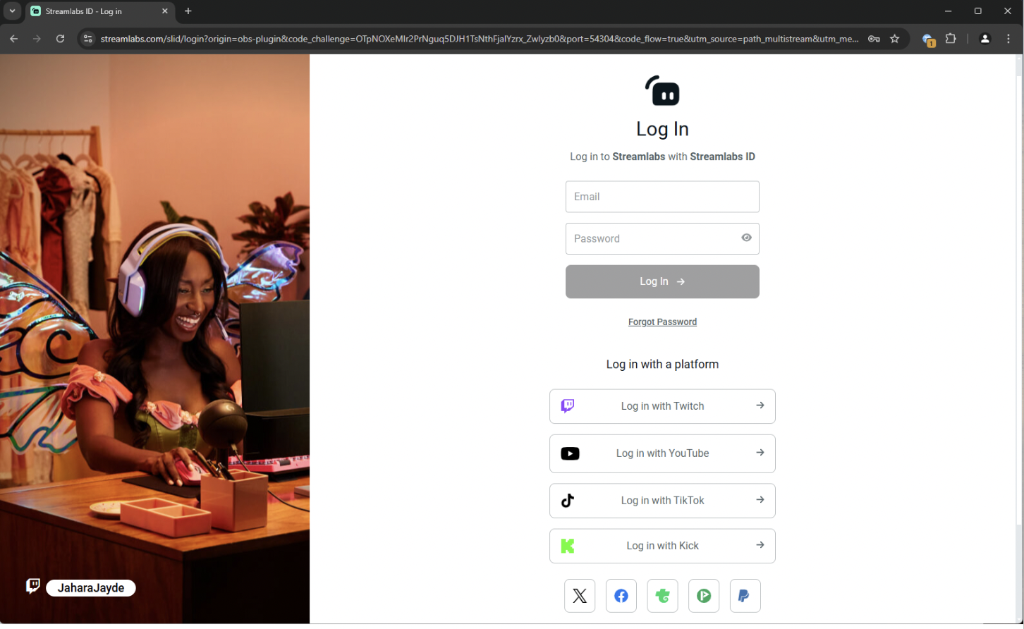 Login page for all platforms on Streamlabs Dashboard